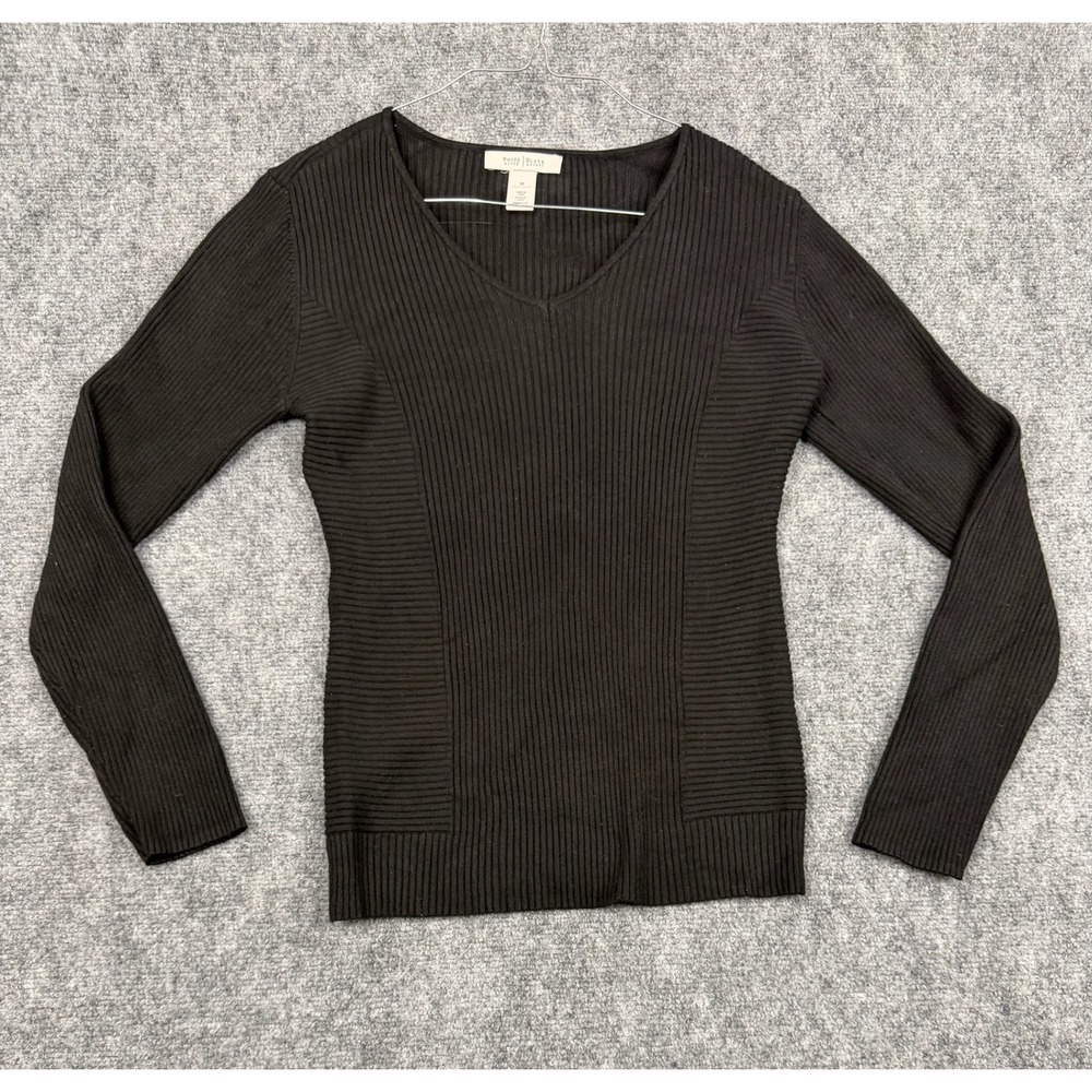 White House Black Market Black Ribbed V-Neck Long Sleeve Sweater Medium